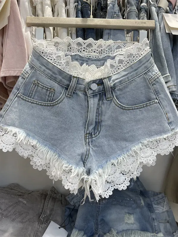 

Light Blue High Waist Short Jeans Women Summer New Style Lace Splicing Thin Hot Pants Korean Style Commute Hollow out Splicing