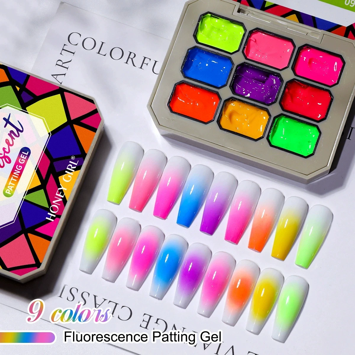 1 conjunto/2 pçs fluorescente pat gel transferência cola arco-íris cores brilhantes uv & led unha polonês gel salão 1 caixa pat esponja clipe diy y2k