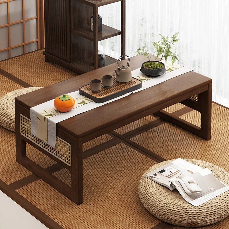 Solid wood coffee table small apartment folding rattan small table bay window table household balcony tatami kang few