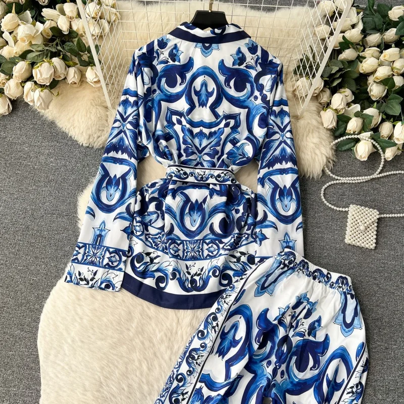 Vintage Gedruckt 2-teilige Sets Frauen Outfit Herbst Kleidung Frauen Langarm Shirt Top und Hose Sets Lässige Trainingsanzüge Frau Sets