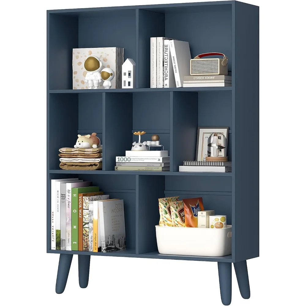 Blue Bookshelf,3 Tier Book Shelf with Legs, 7 Cube Minimalist Bookcase,Storage Organizer Shelves Display Bookcases for B