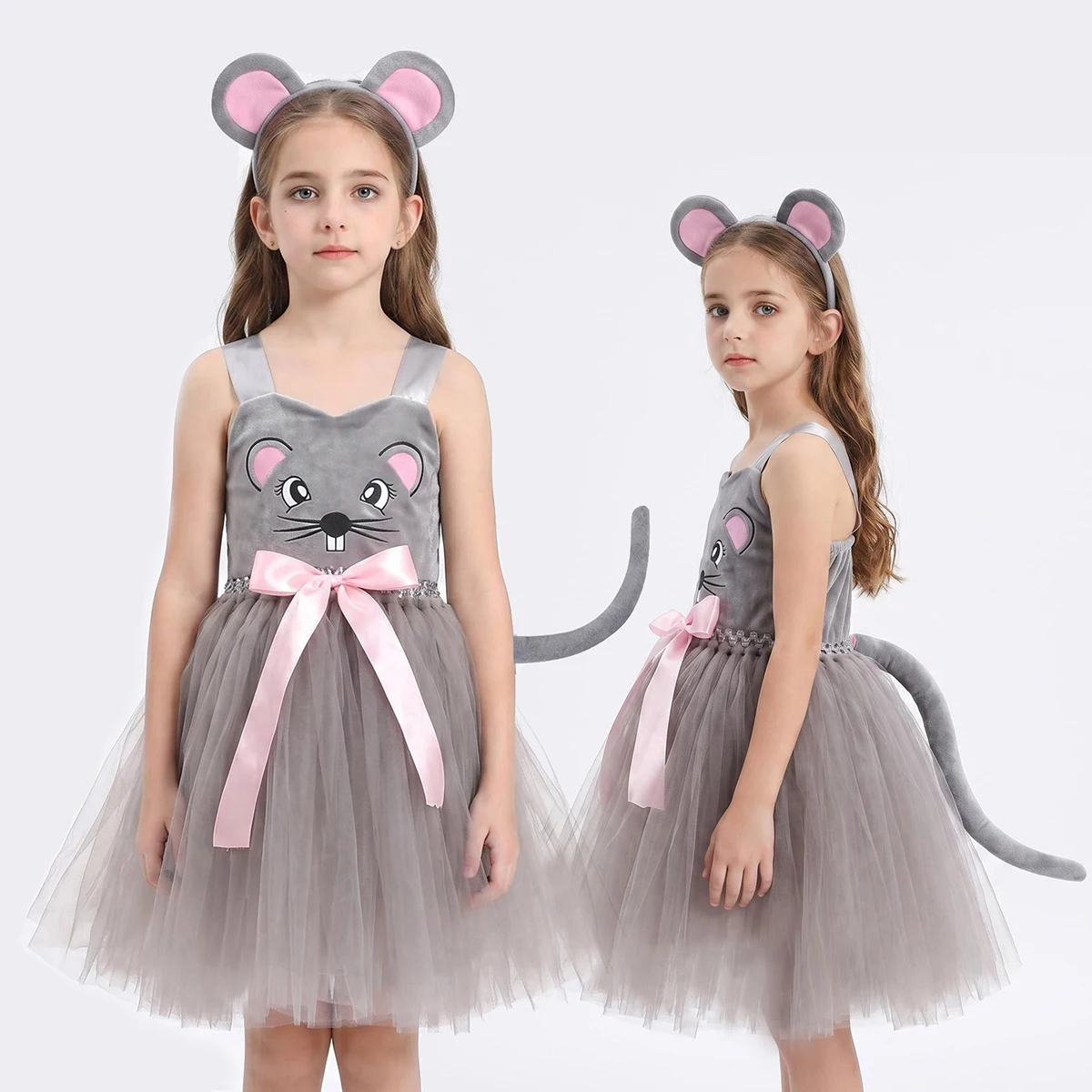 Gray Mouse Costumes for Baby Girls Grey Rat Tutu Dress with Tail Kids Animal Halloween Outfit Children Birthday Clothes