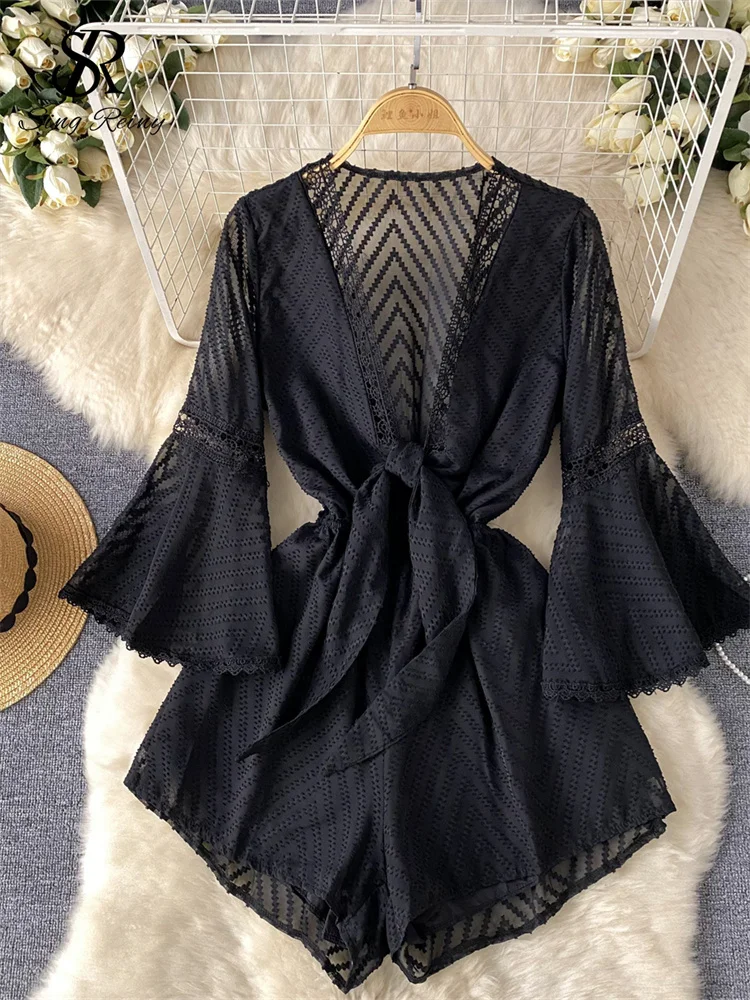 SINGREINY Women American Senior Mesh Jumpsuits 2024 Newest Flared Sleeves Lace up Loose Sheer Summer Chic Streetwear playsuit