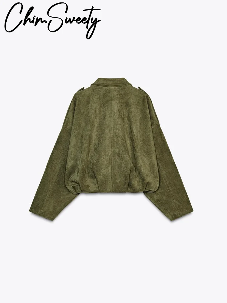 الرجعية سترات من جلد الغزال المرأة فضفاضة سستة التلبيب كم طويل جيب مطاطا هيم معطف قصير 2025 الخريف شيك شارع العليا أبلى سيدة