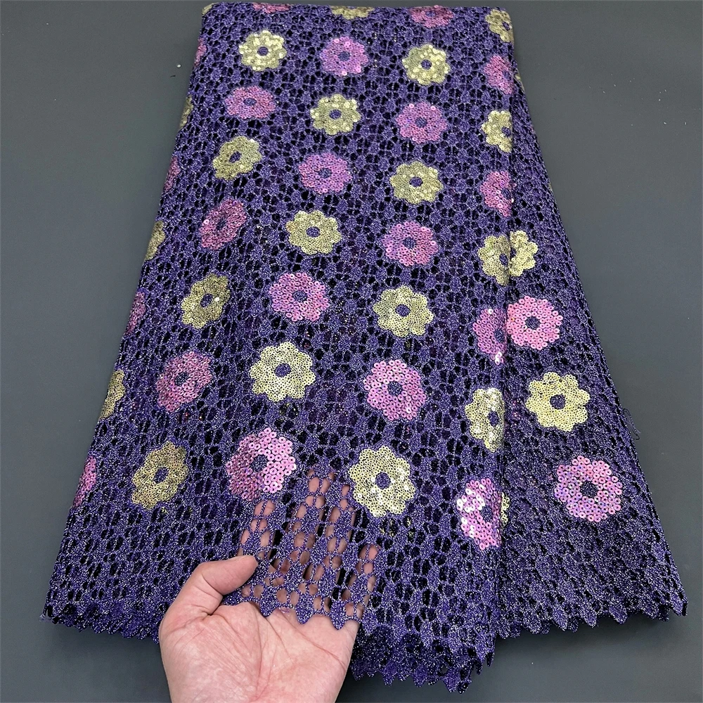 2024 High Quality African Nigerian Embroidery Tulle Cotton Lace Fabric Wedding Party Golden Dress Damask Sequins 5Yard PS0030
