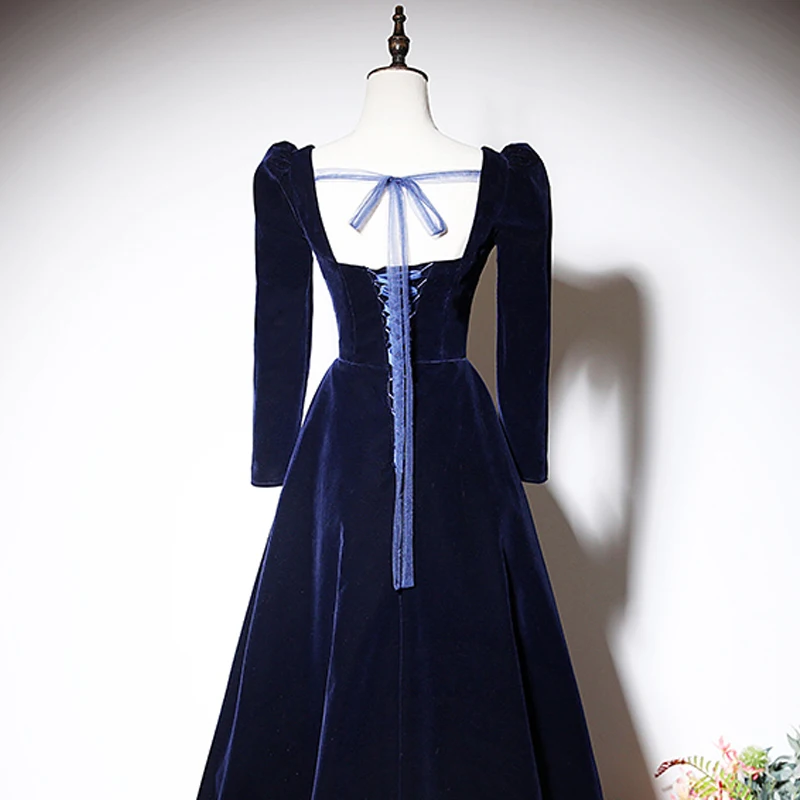 Navy Blue Square Collar Evening Dress Full Sleeves Pleat A-Line Lace Up Velour Floor-Length Plus Size Party Dresses Woman XE084