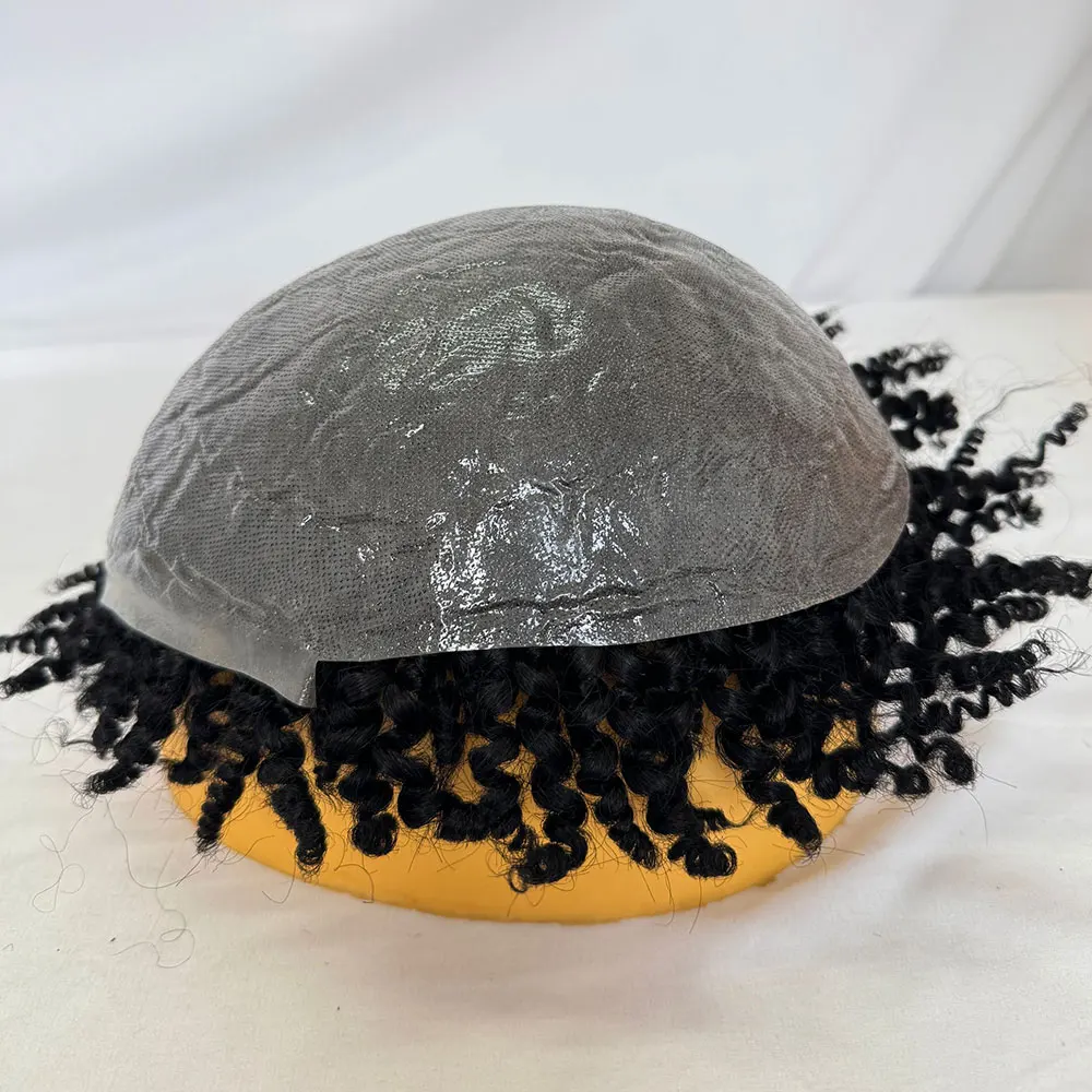 8mm Afro Curl Twist Crochet Braids Hair for Black Men Toupee 100% Human Hair Thin Skin Full PU V Loop Wigs for Man Jet Black 1#