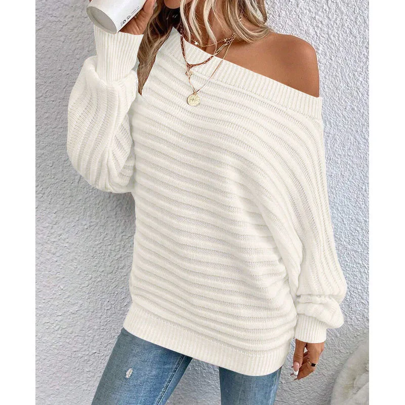 Autumn Women's Clothing New Solid Color Striped All-match Loose Simple Style Sweater Bat Sleeve Pullover Knitted Off Shoulder