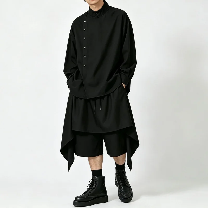 Men'S Casual Pants, Dark Style, Asymmetrical Design, Faux Two-Piece Skirt Pants, Loose-Fitting, Wide-Leg, Five-Point Shorts