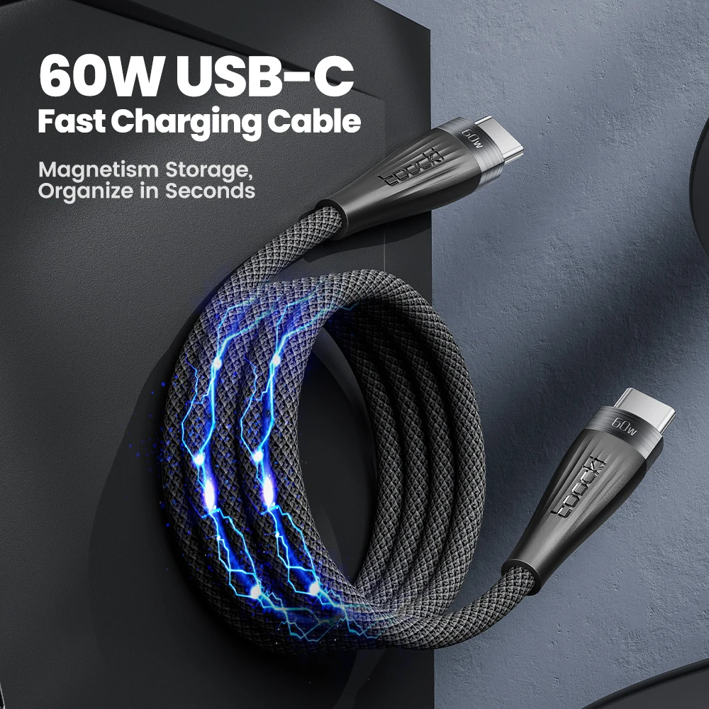 Toocki 60W Magnetic Cable USB C to USB Type C 3A Fast Charging Tangle-Free Magnetic Charger Cord For Macbook IPhone 15 Samsung