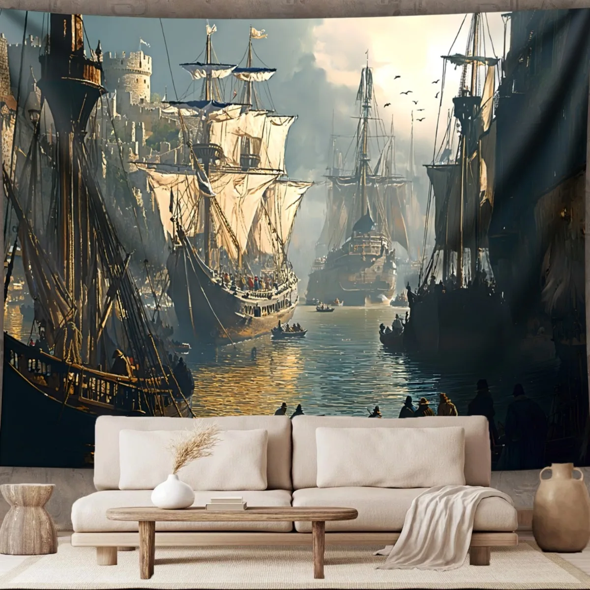 Grand Nautical Pirate Ship Tapestry Wall Hanging Maritime Galleon Ocean Art Adventure Decoration Vintage
