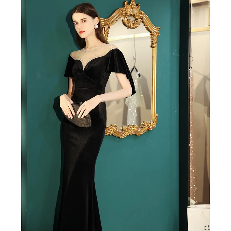 Black Velvet Mermaid Evening Dress Women's 2022 New Sexy Illusion Off The Shoulder Backless Formal  Banquet Dresses