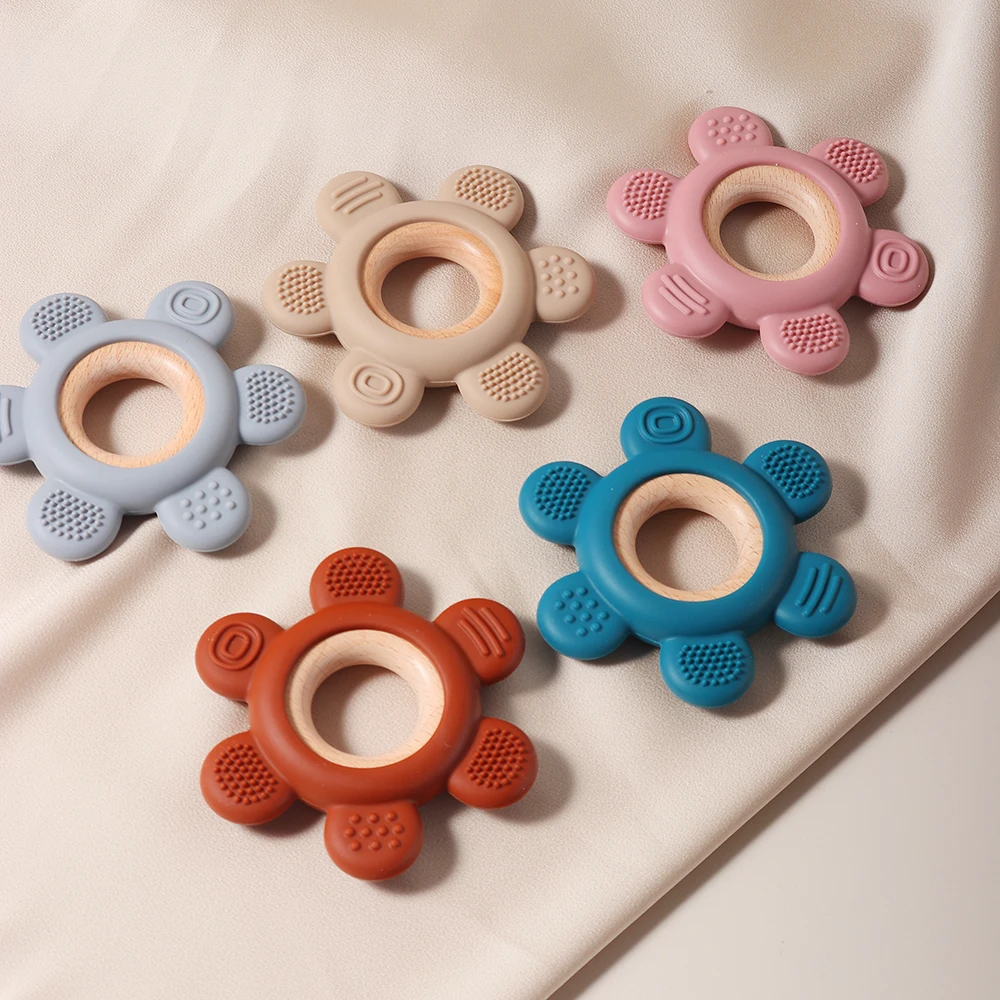 

Cute Baby rudder shape silicone teether Food Grade Safe Teether with wooden ring Toy Teething gift