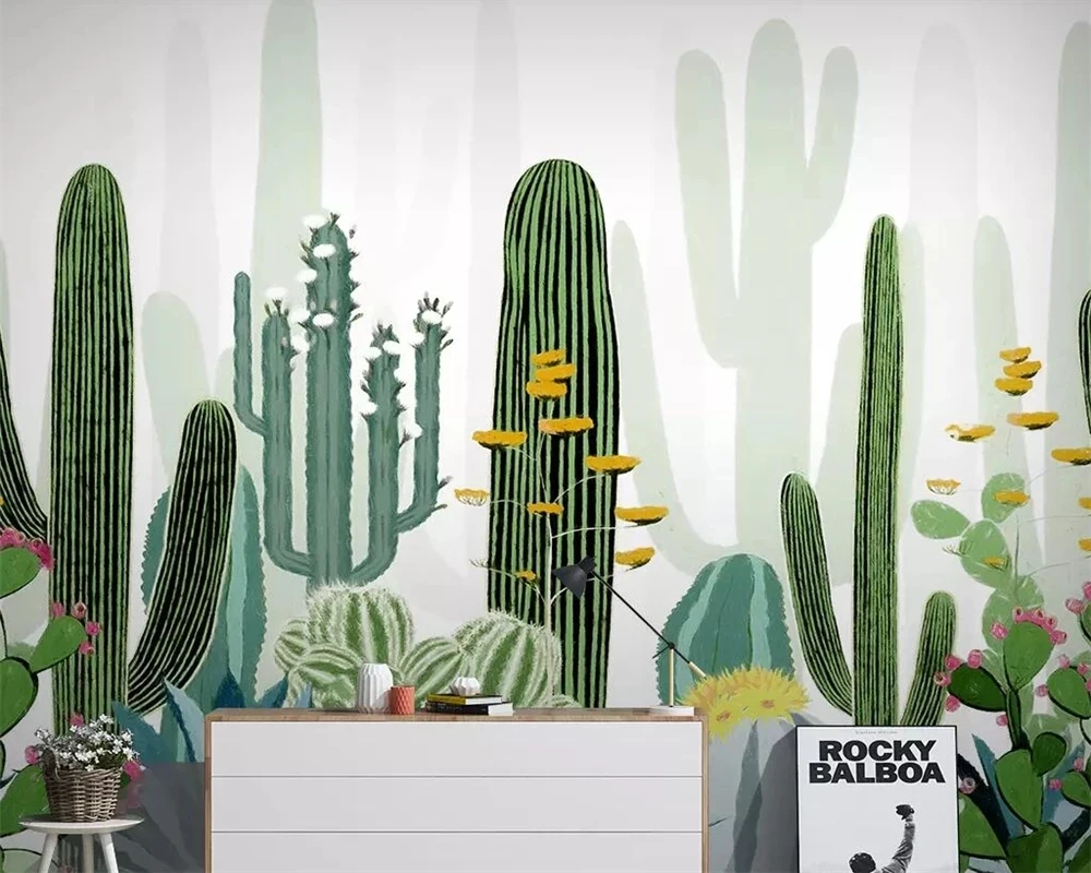 Customized wallpaper 3D hand-painted Nordic tropical plant cactus bedroom Mural green Living room sofa TV background restaurant