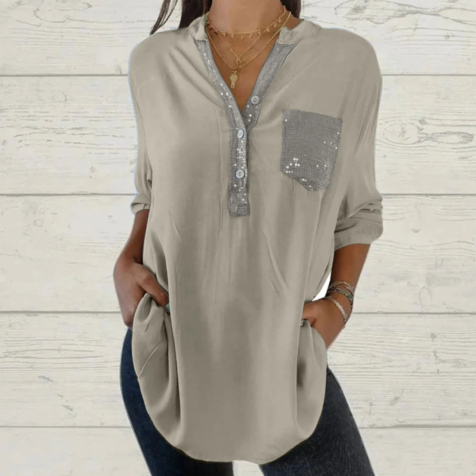 

Fashion Women Sequined Blouse Long Sleeve Loose Summer V-Neck Casual Shirts Tops Clothing Solid Casual Soft Clothes Shirts