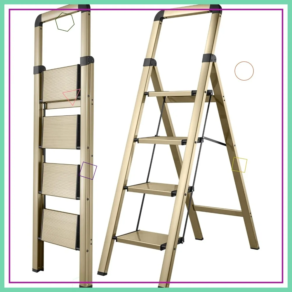 

4-Step Foldable Step Ladder, Champagne Gold Aluminum, Anti-Slip Max 330 lbs