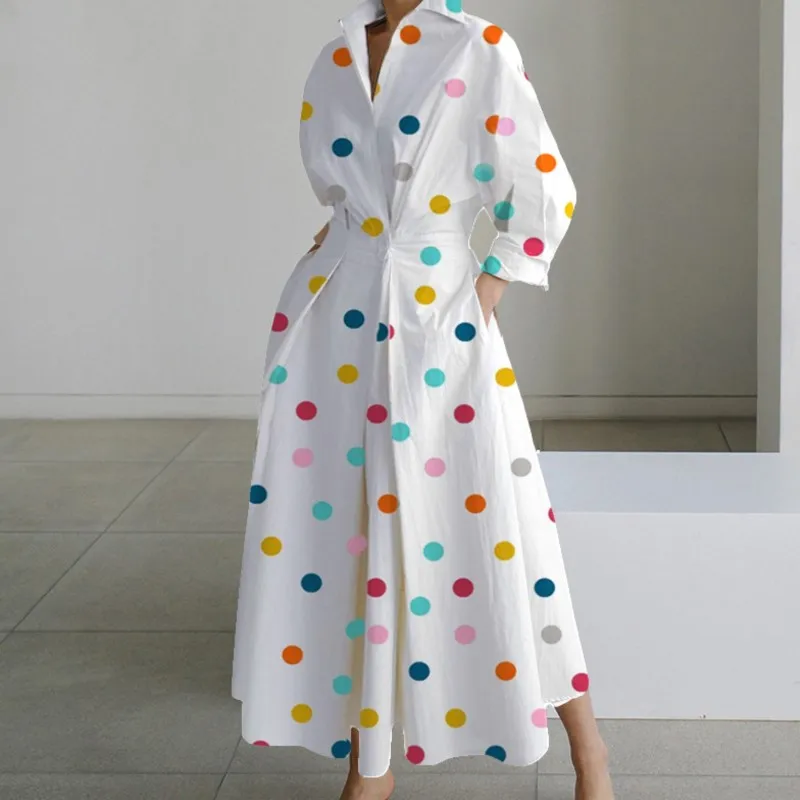 

Elegant Stylish Commuting Office Womens Dress For Autumn 2025 Long-sleeved V-neck Cinched Waist Printed Simple Grand Womens Wear