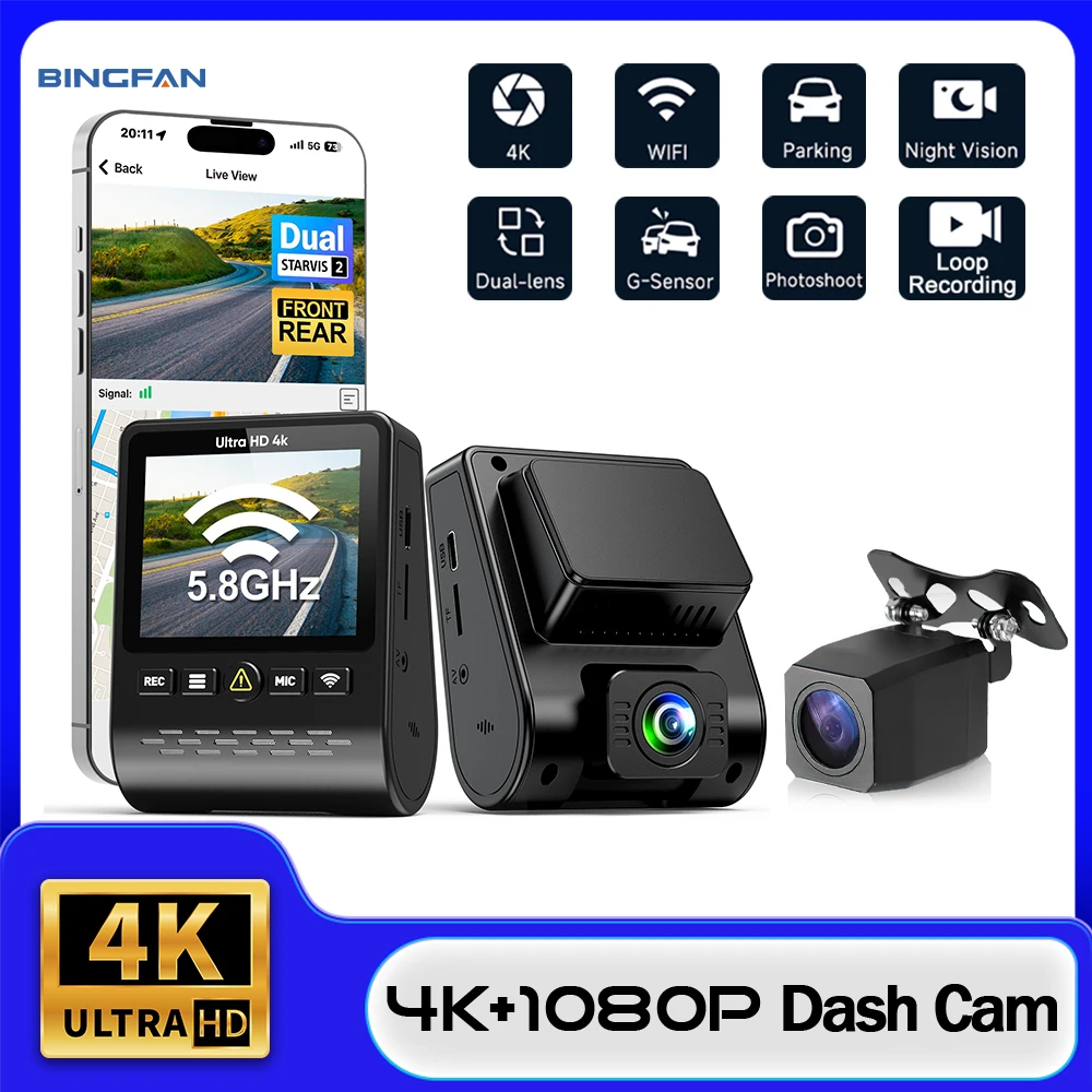 

4K Dash Cam Built-in Wifi Camera Car DVR Screen Night Vision 24H Parking Monitor Support Rear Cam