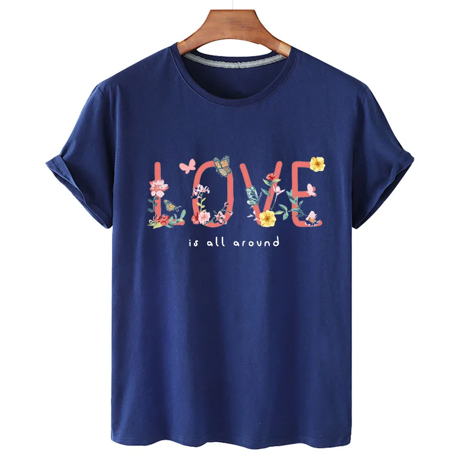 100% Cotton Love Flower Print Short Sleeve T-Shirt Women's 2022 Summer Women's Casual T-Shirt Unisex Short Sleeve T-Shirt S-4XL