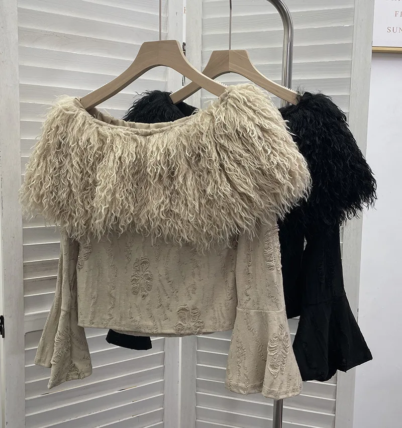 Winter New Sexy Off The Shoulder Fluffy Knitted Top Women's Slim Old Ripped Long-sleeved T-shirt Y2k Top