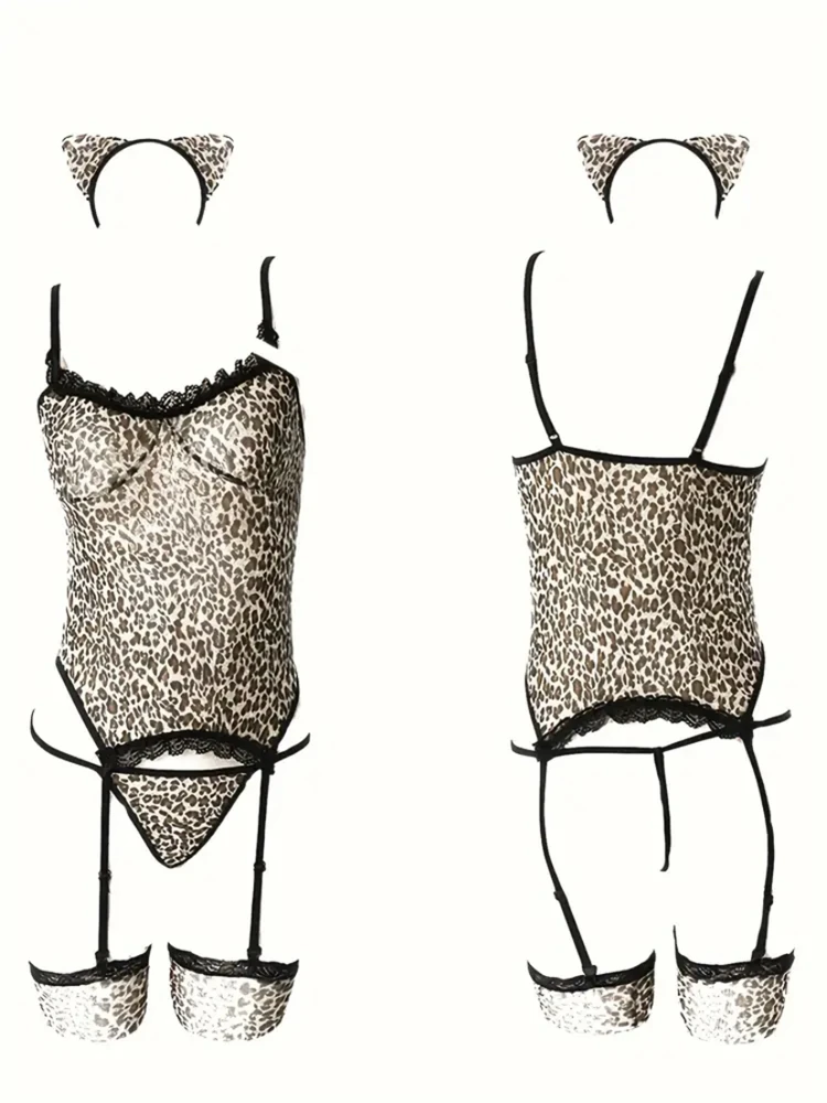 Naughty Cat Cosplay Costume Leopard Print Lace Trim Garter Belt Cami Top Stockings Gloves Women\'s Sexy Lingerie Underwear