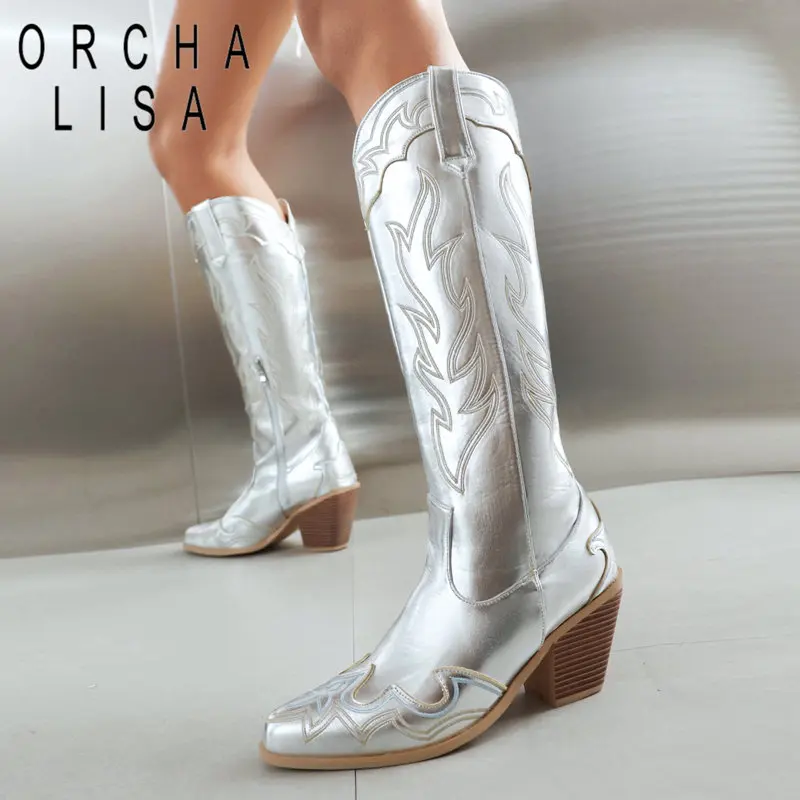 

ORCHA LISA New Fashion Women Western Boots Pointed Toe Block Heels 7.5cm Zipper Embroider Plus Size 46 47 48 Casual Female Booty