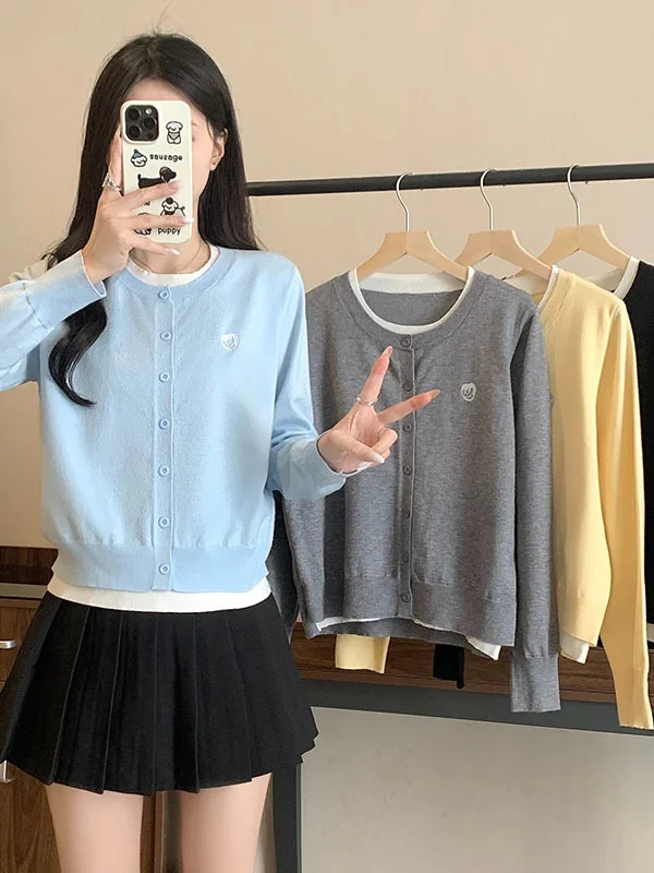 

plus Size Long Sleeve Knitted Sweater Women's Fashion Conceal Meat Slimming Top Mock Two-Piece Style Casual Loose Fit round Neck