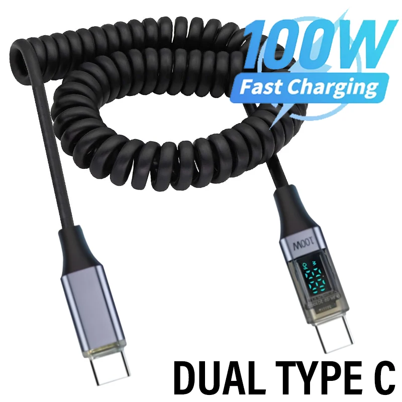 100W Fast Charging Digital Display Dual Type C Coiled Spring Cable For iPhone 16 Samsung Mi Tablet USB-C Spiral Data Wire Cord