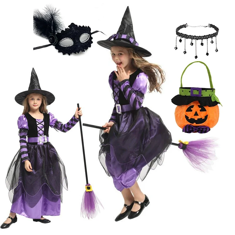 Girls Purple Black Witch Long Dress 2Pcs Costume Set Matching Witch Hat For Halloween Cosplay Trick Or Treat Party