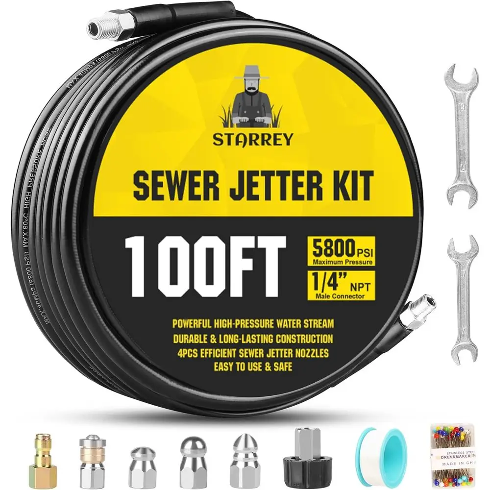 

Powerful Sewer Jetter Kit - 1/4 Inch NPT Hose Nozzles and Adapter for 5800PSI High-Pressure Clog Removal in Pipes and Sewer Line