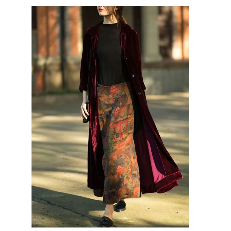 Original Design Real Silk Velvet Spring Autumn Lady Cardigan Dress Temperament Generous Personality Long Skirt Wine Red Noble