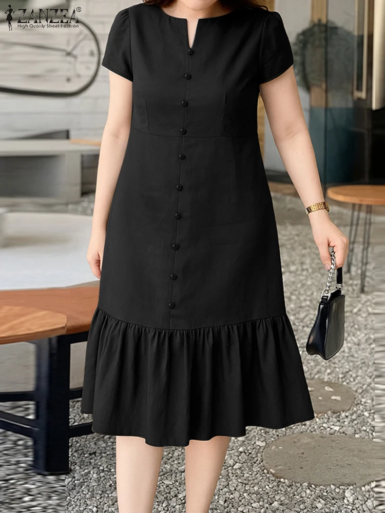 ZANZEA-vestido Midi elegante con cuello en V para mujer, vestido veraniego para trabajo de oficina, manga corta, botones lisos, 2025