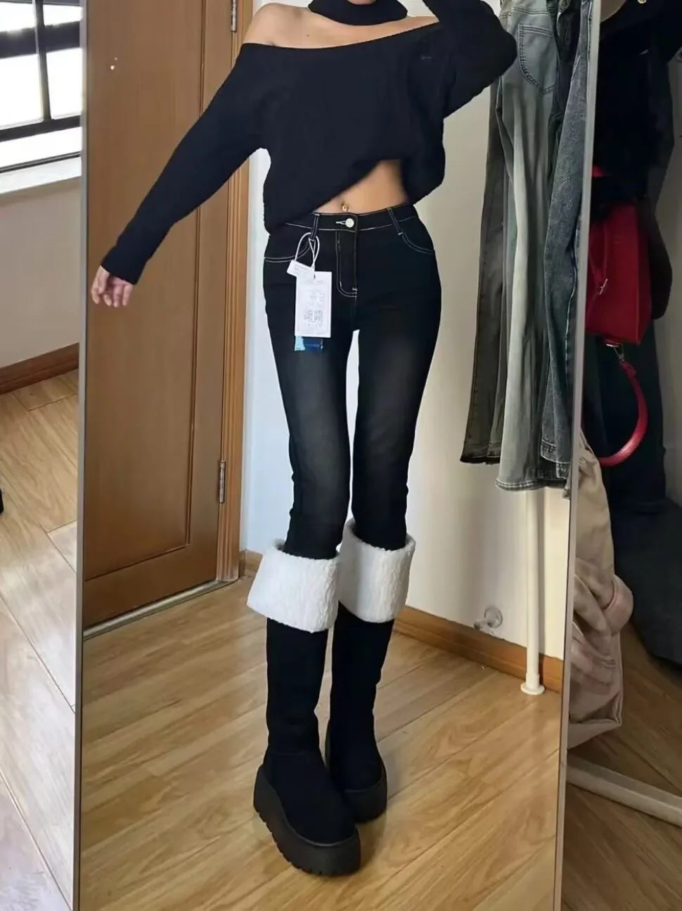 

Bla Mid-Waist Bootcut Jeans Women's Autumn Winter Slimming Waed Butt-Lifting Pencil Pants Casual Cotton Stretch Denim