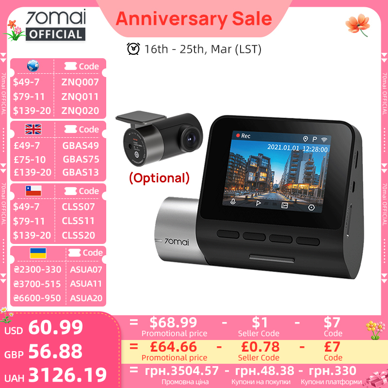  70mai Dash Cam Pro Plus A500S 1944P ADAS GPS Camera 70mai Front Cam A500S 140FOV Car DVR 24H Parking Support Rear Interior Cam