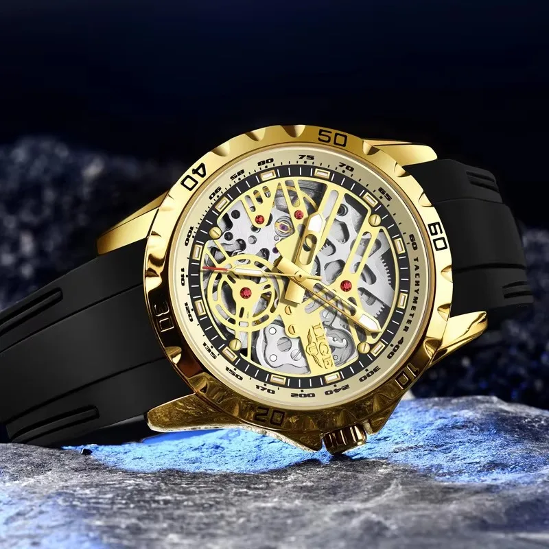 2025 Nowy LIGE Top Marka Luksusowy Hollow Wodoodporny Tourbillon Mechaniczny Automatyczny Zegarek Męski Silikonowy Szkielet Męskie Zegarki + Pudełko