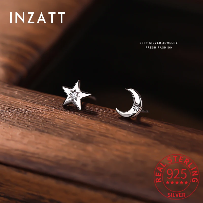 INZATT Real 925 Sterling Silver Zircon Star Moon Mini Stud Earrings for Women Fine Jewelry Light Luxury Asymmetry Accessories