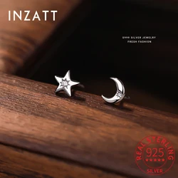INZATT Real 925 Sterling Silver Zircon Star Moon Mini Stud Earrings for Women Fine Jewelry Light Luxury Asymmetry Accessories