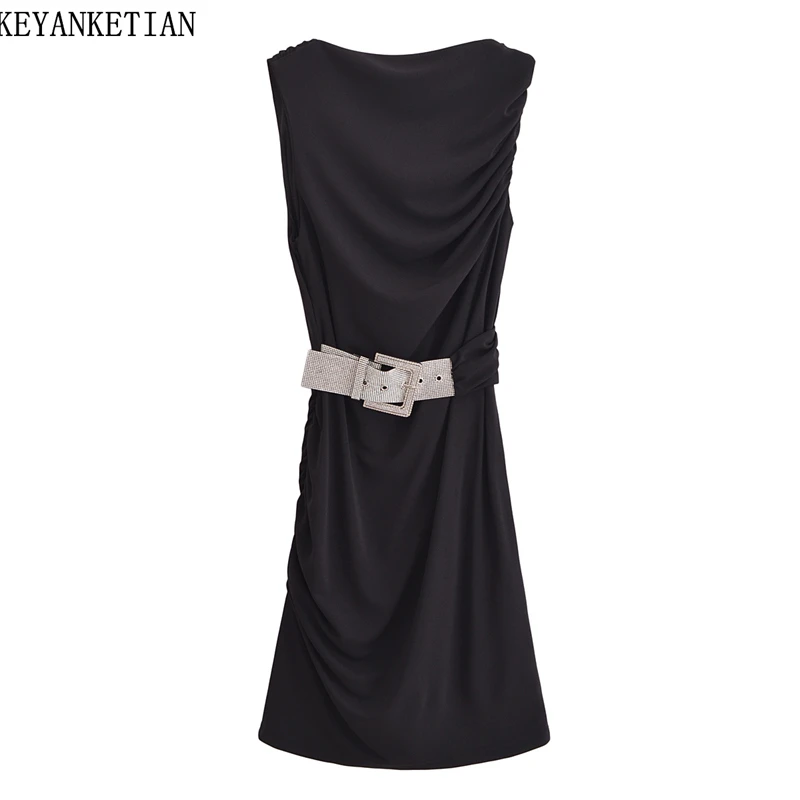 Keyanketian 2025 novo cinto de diamante sintético decoração sem mangas vestido elegante moda feminina magro preto plissados mini vestidos