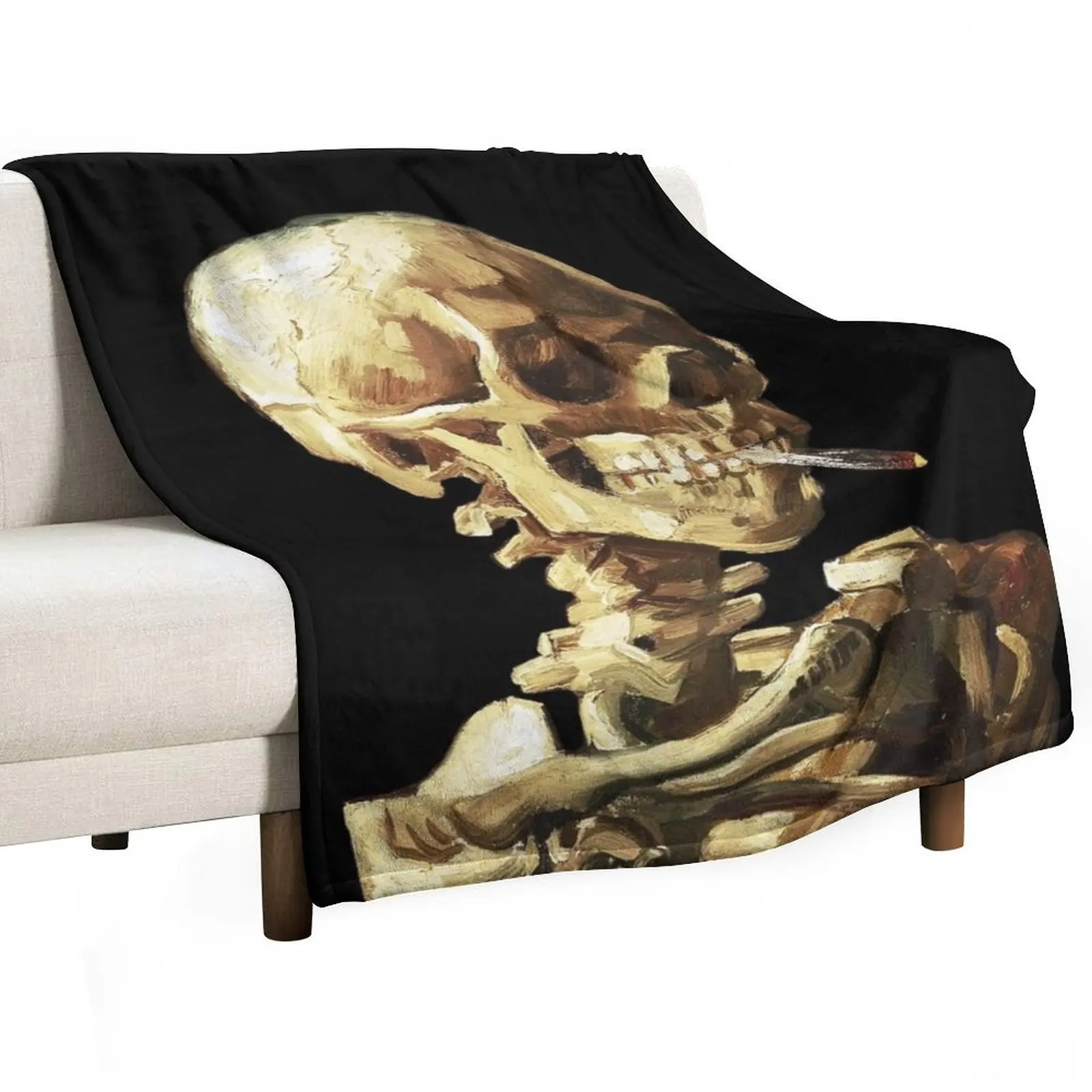 Vincent Van Gogh - Skull of a Skeleton with Burning Cigarette Throw Blanket Luxury Brand Plush Soft Beds Blankets