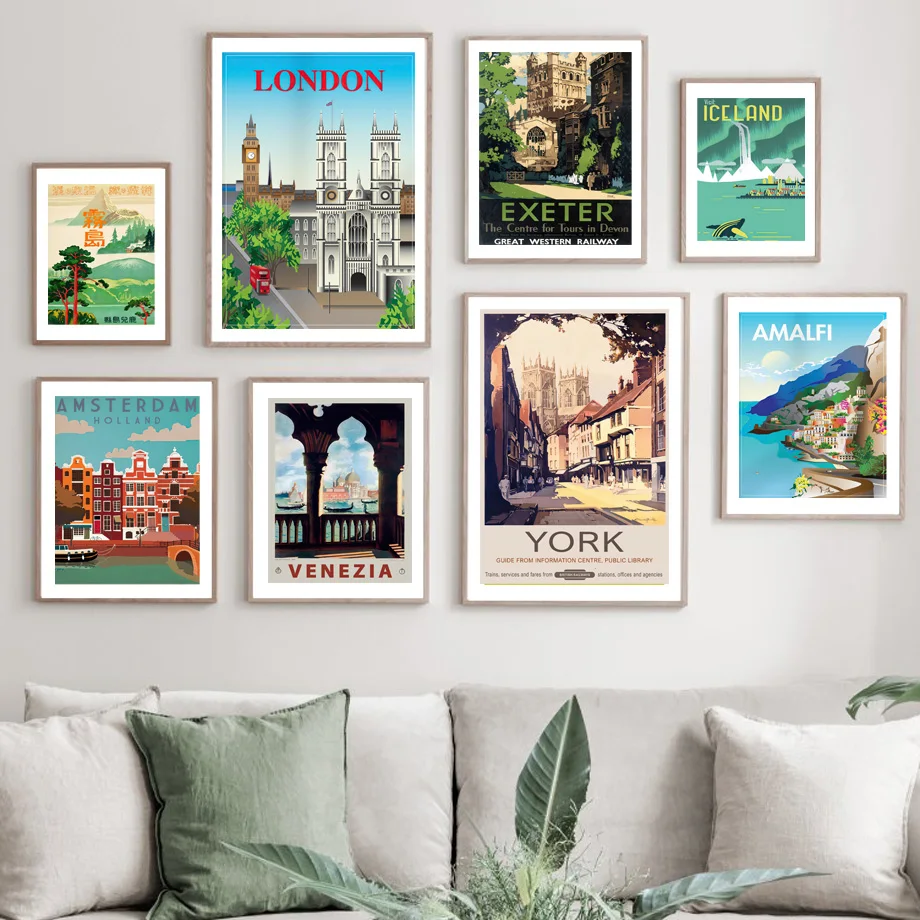 Vintage Travel Wall Art Mural Canvas Painting London York Amalfi Venezia Exeter Iceland Poster Print Pictures Living Room Decor