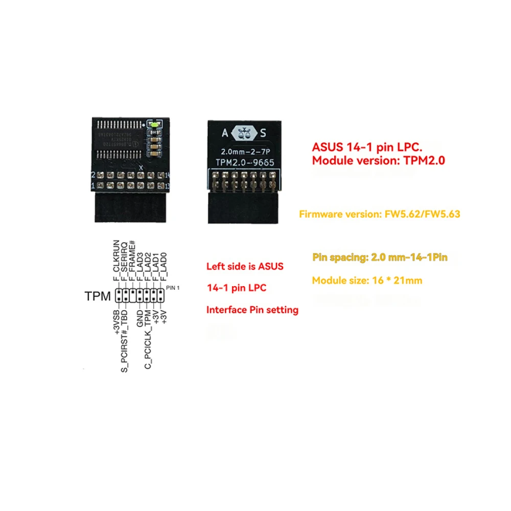 New/ Old Version TPM Security Module TPM 2.0 Module 14-1pin LPC Module TPM Module Compatible with ASUS 14-1-pin