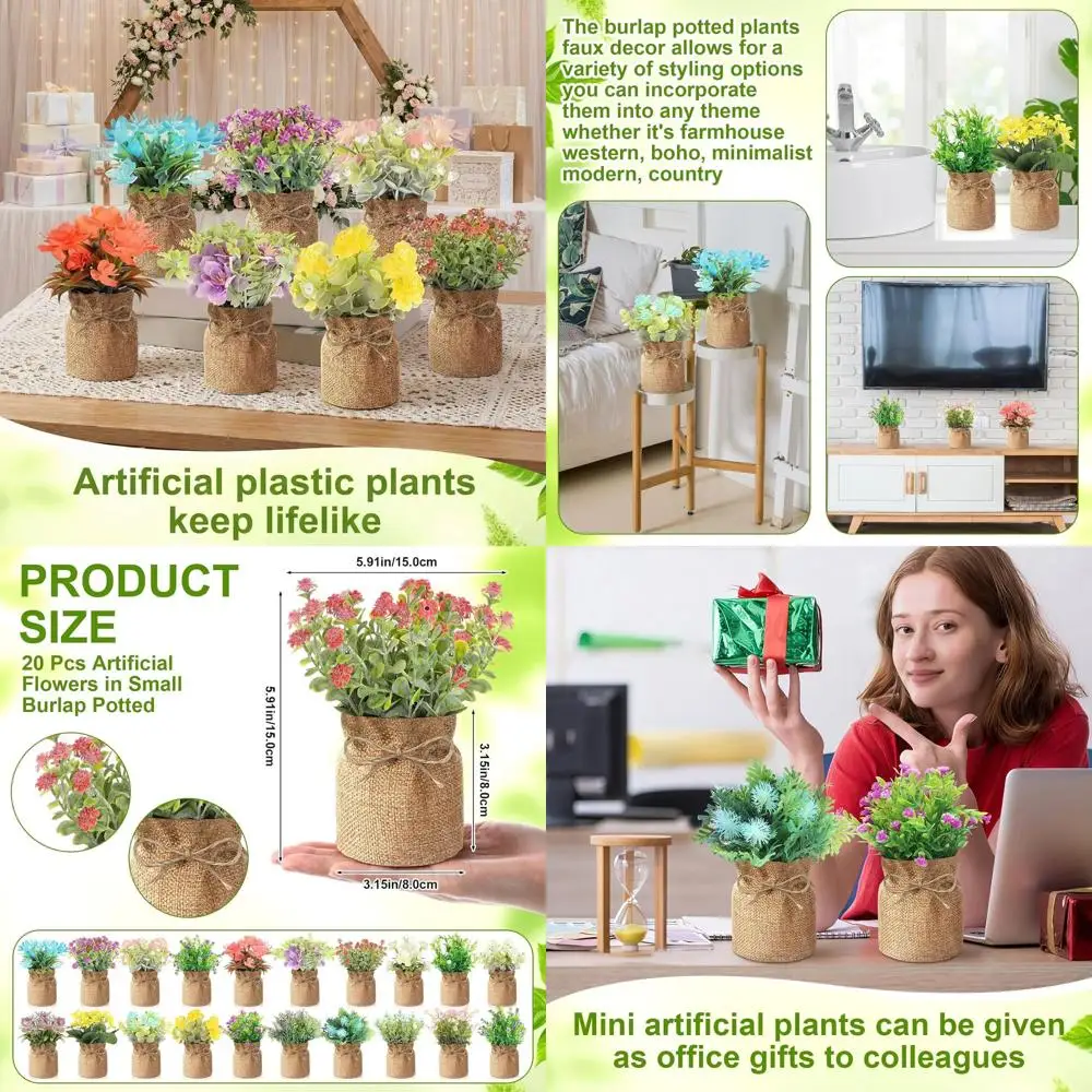 

20 Pack Mini Artificial Flowers in Small Burlap Vases for Indoor Decor and Spring Weddings