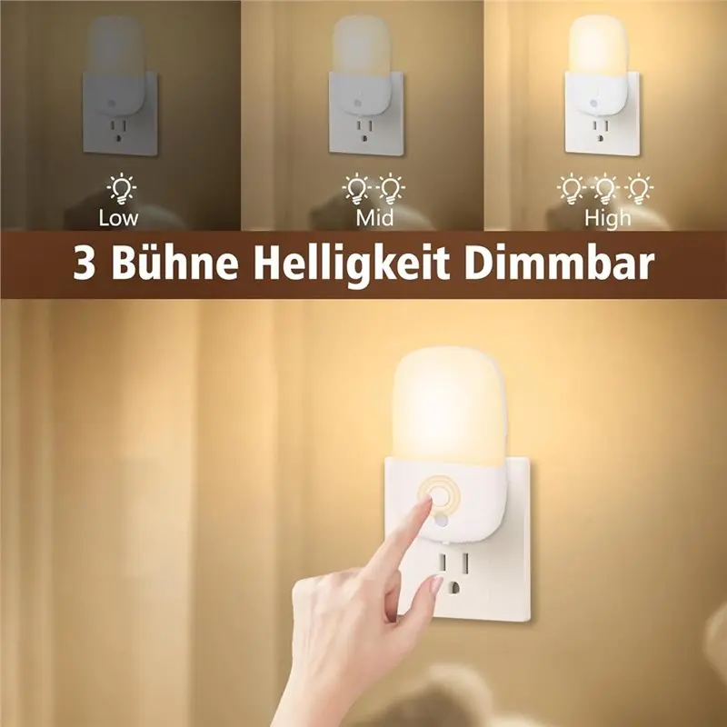 LED Night Light Socket With Twilight-Sensor, Pack Of 2 Dimmable Brightness Lights, On/OFF AUTO Mode, EU Plug Included