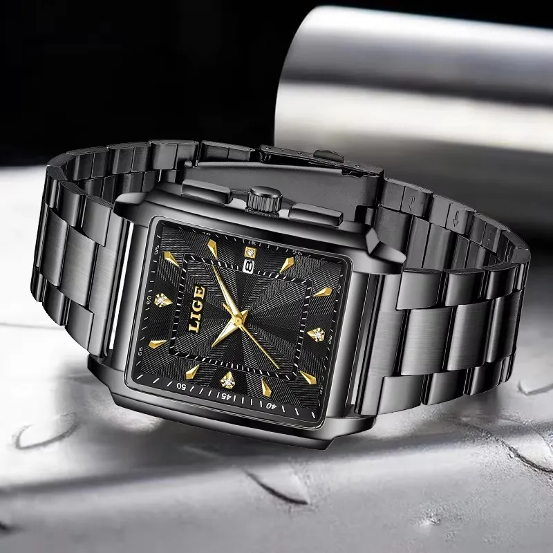 LIGE 캐주얼 디자인 남성용 쿼츠 시계 패션 스테인레스 스틸 남성용 손목 시계 비즈니스 스퀘어 남성 시계 + 박스 미국에서 배송