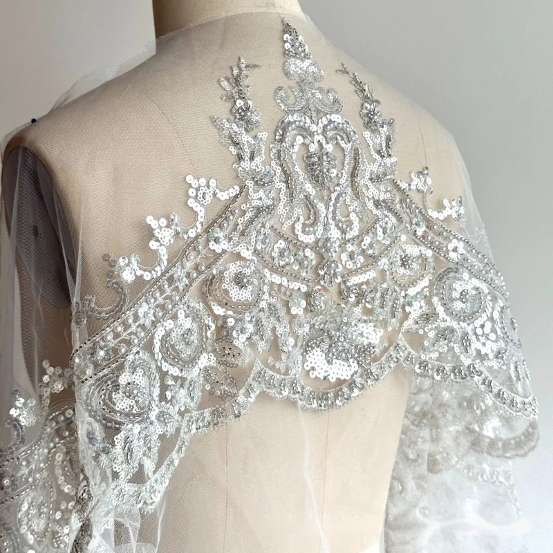 

White High End Nail Bead Sequin Embroidery Drill Mirror Flowers Beading Rhinestone Shoulders Wedding Dress DIY Patch