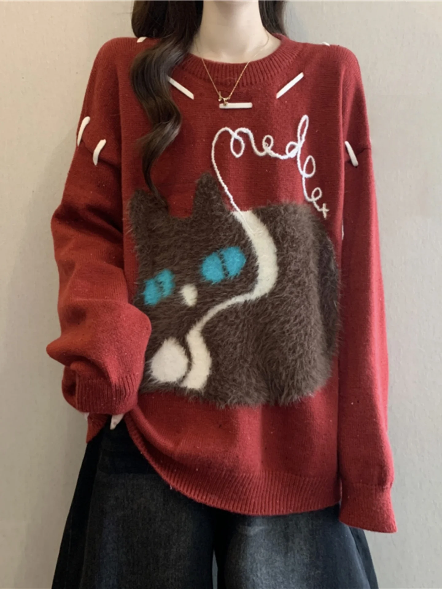 

Red Cartoon Pattern Knitted Base Shirt Women's Loose Design Spring Autumn Large Size Fat MM Belted Top Comfortable Casual