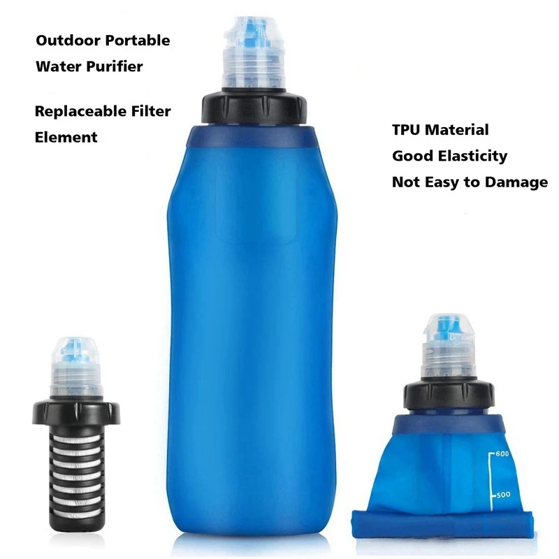 500Ml Water Filter Bottle Water Filter Straw Soft Folding Outdoor Filtered Water Bag For Sport Camping Hiking Cycling