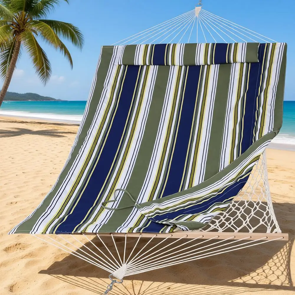 

Двухместный гамак из хлопкового каната с полиэстеровой подушкой, сине-аквамариновый, с уличной распоркой из массива дерева