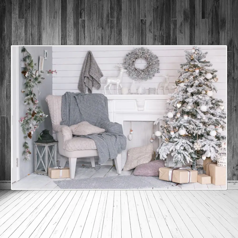 Kerstboom Krans Haard Stoel Lantaarn Interieur Fotografie Achtergronden Custom Baby Party Decoratie Photo Booth Achtergrond