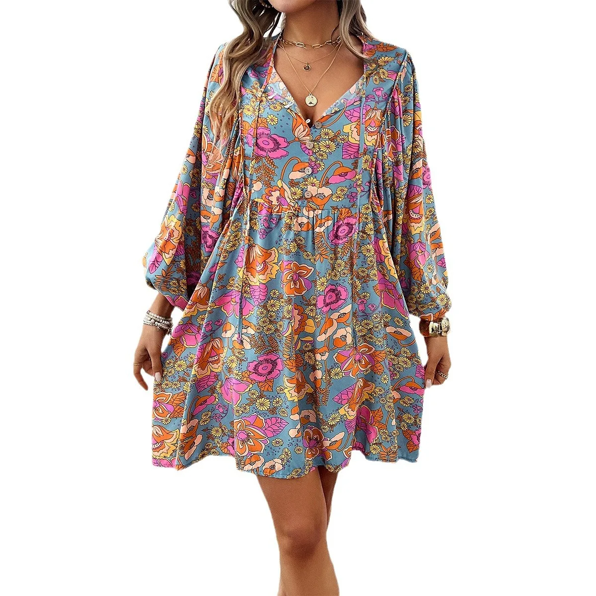 

2024 Spring and Summer Fashionable Casual Holiday Printed Long-sleeved Tribal Ethnic Style Dress Vestidos De Mujer